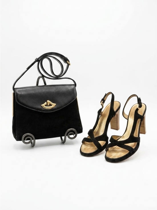 Gucci Handbags - Vintage Gucci GG Bit Suede Croc Bag + Black Gold Heels Set